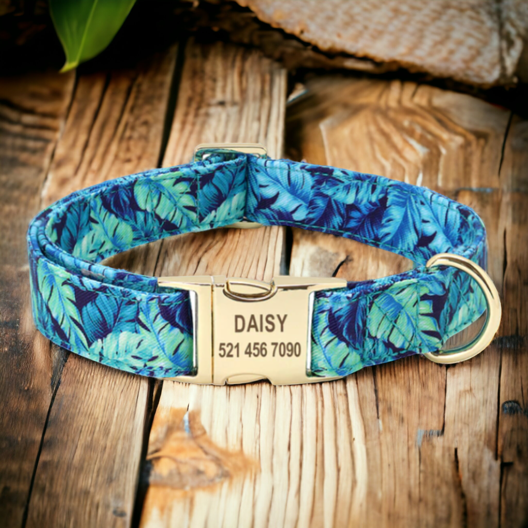 Blue Floral personalised dog collar