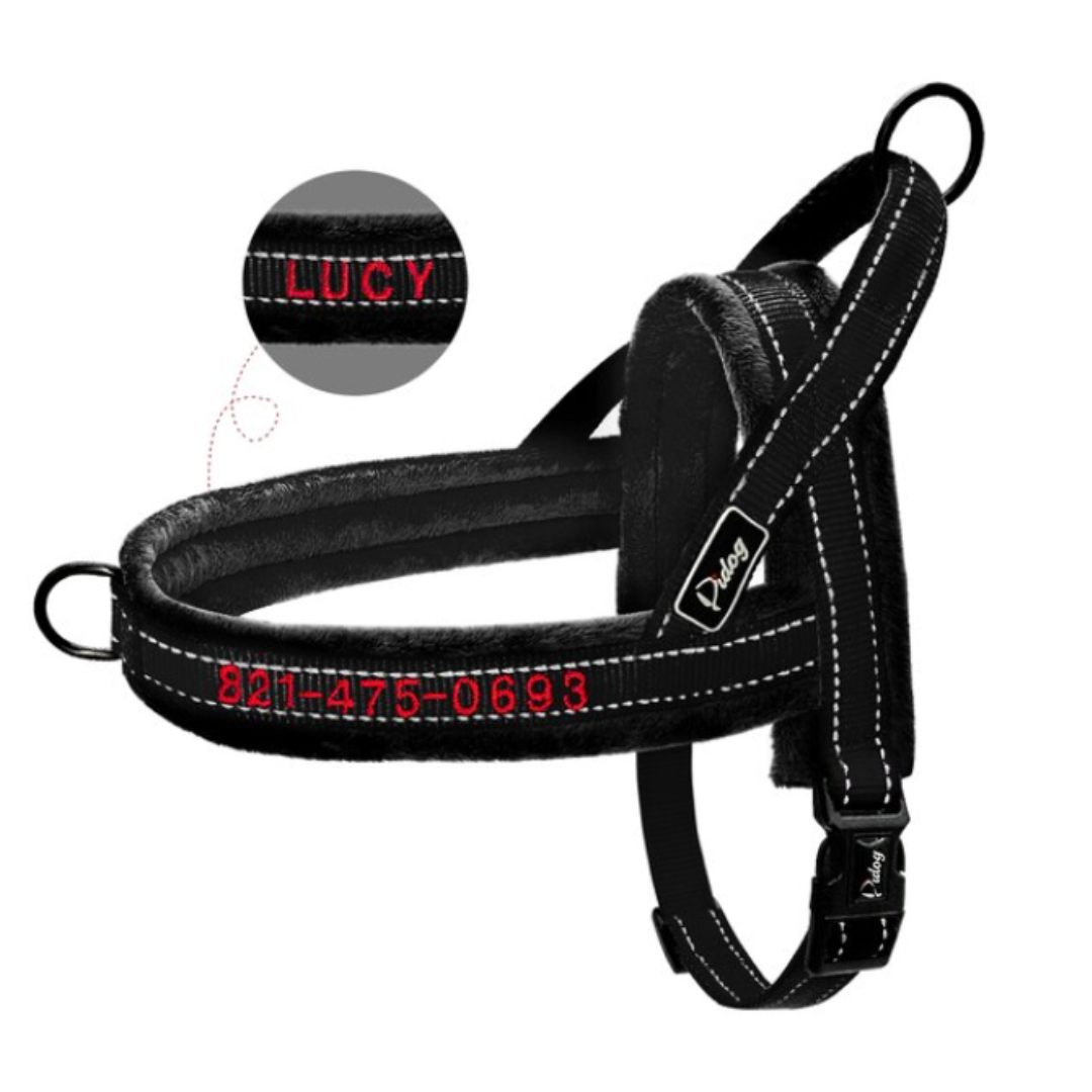 Jet Black Personalised Flanel Padded No-Pull Harness